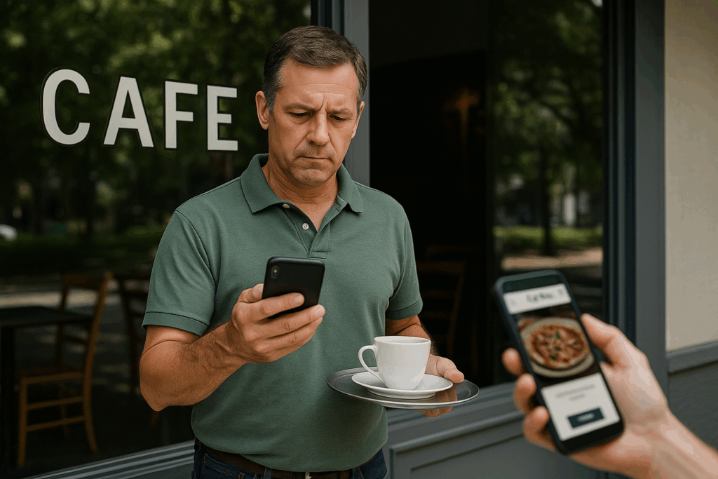 A real-life scene of customers using their mobile phones at an outdoor café, symbolizing how mobile searches drive in-store visits for small businesses.